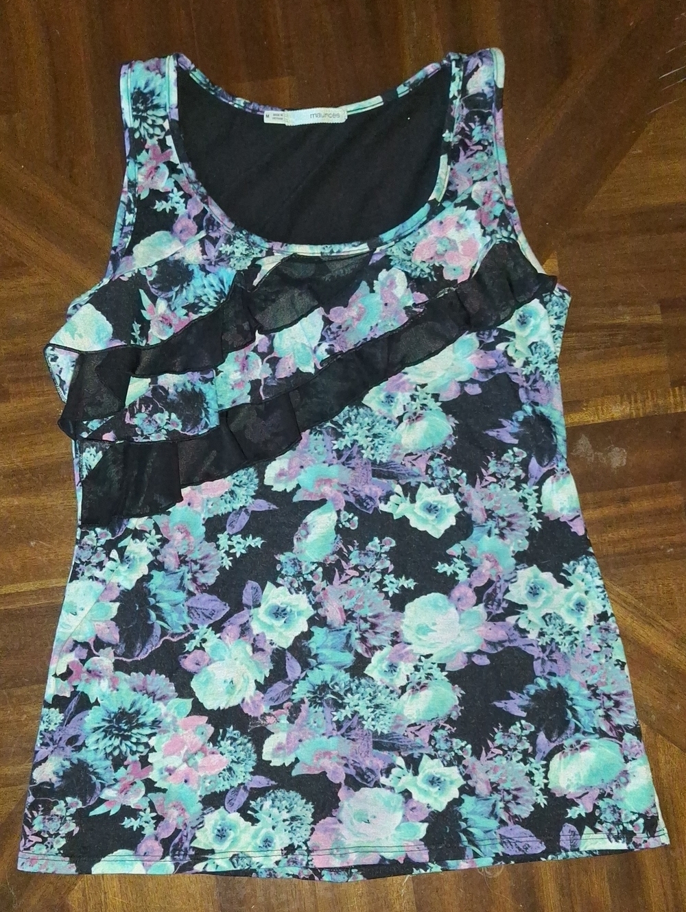 Floral Ruffle Tank Top - Black with Mint & Lavender